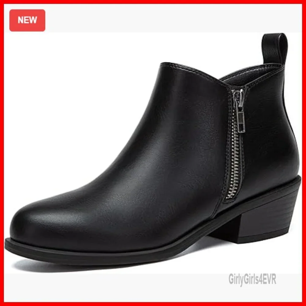 Chunky Low Heel Ankle Boots Round Toe Side Zipper Comfortable Dress Booties